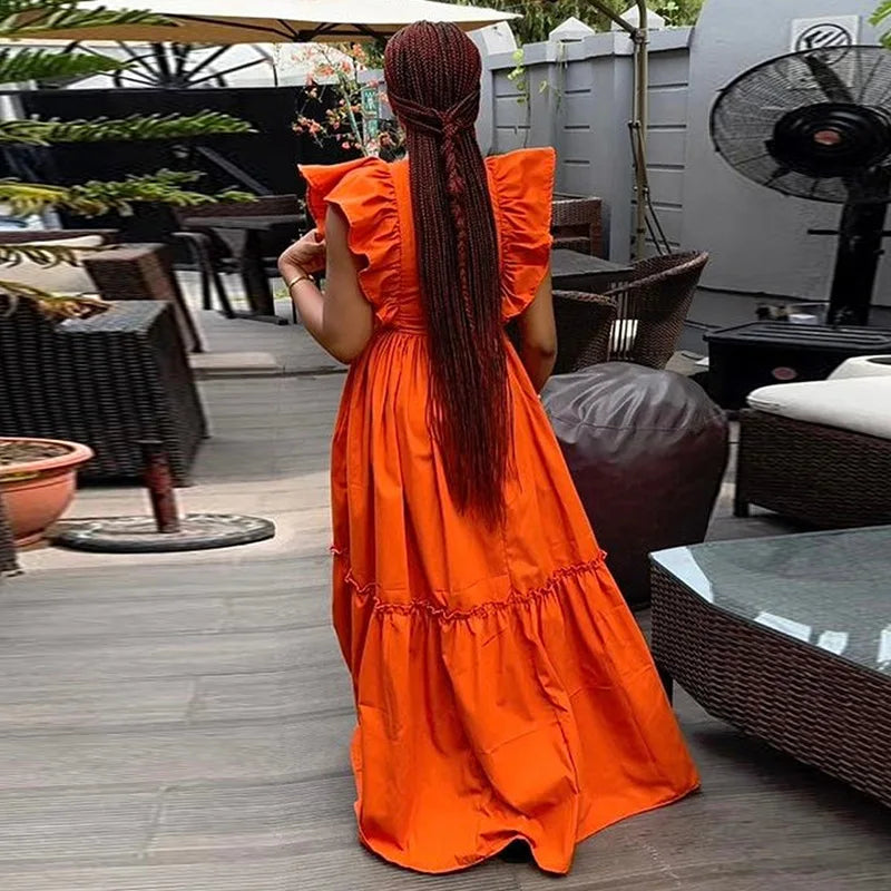 Summer 2025 Showlu Fashion women's flounce short sleeve round neck swing dress, casual elegant long gown with waist detail.