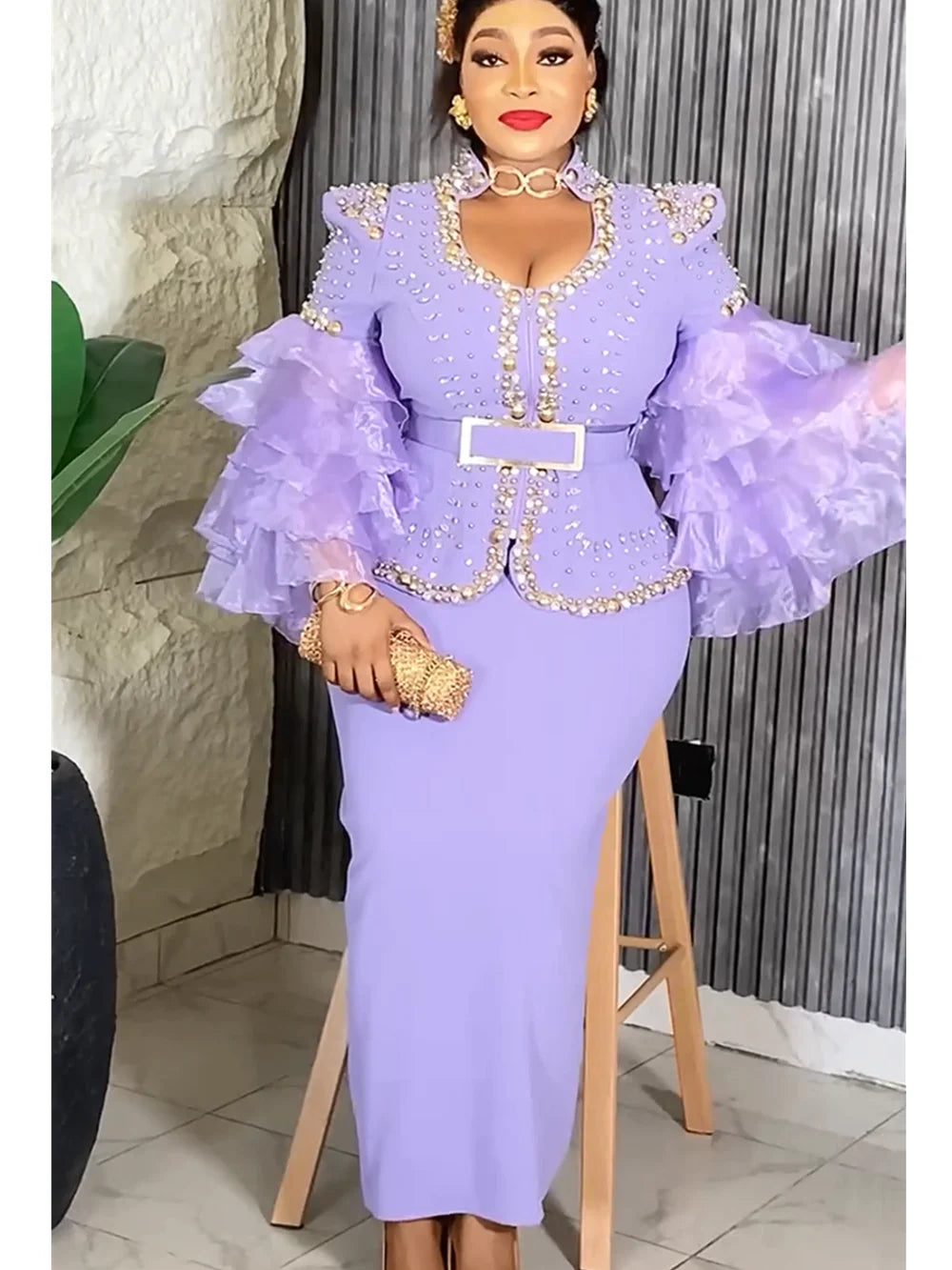 Elegant African long dress by SHOWLU FASHION STORE with ruffle sleeves, perfect for wedding or party occasions