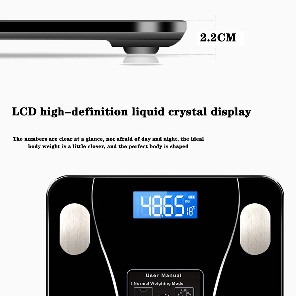 Digital Showlu Smart glass bathroom scale displaying weight measurement, with a sleek design and a maximum capacity of 200kg.