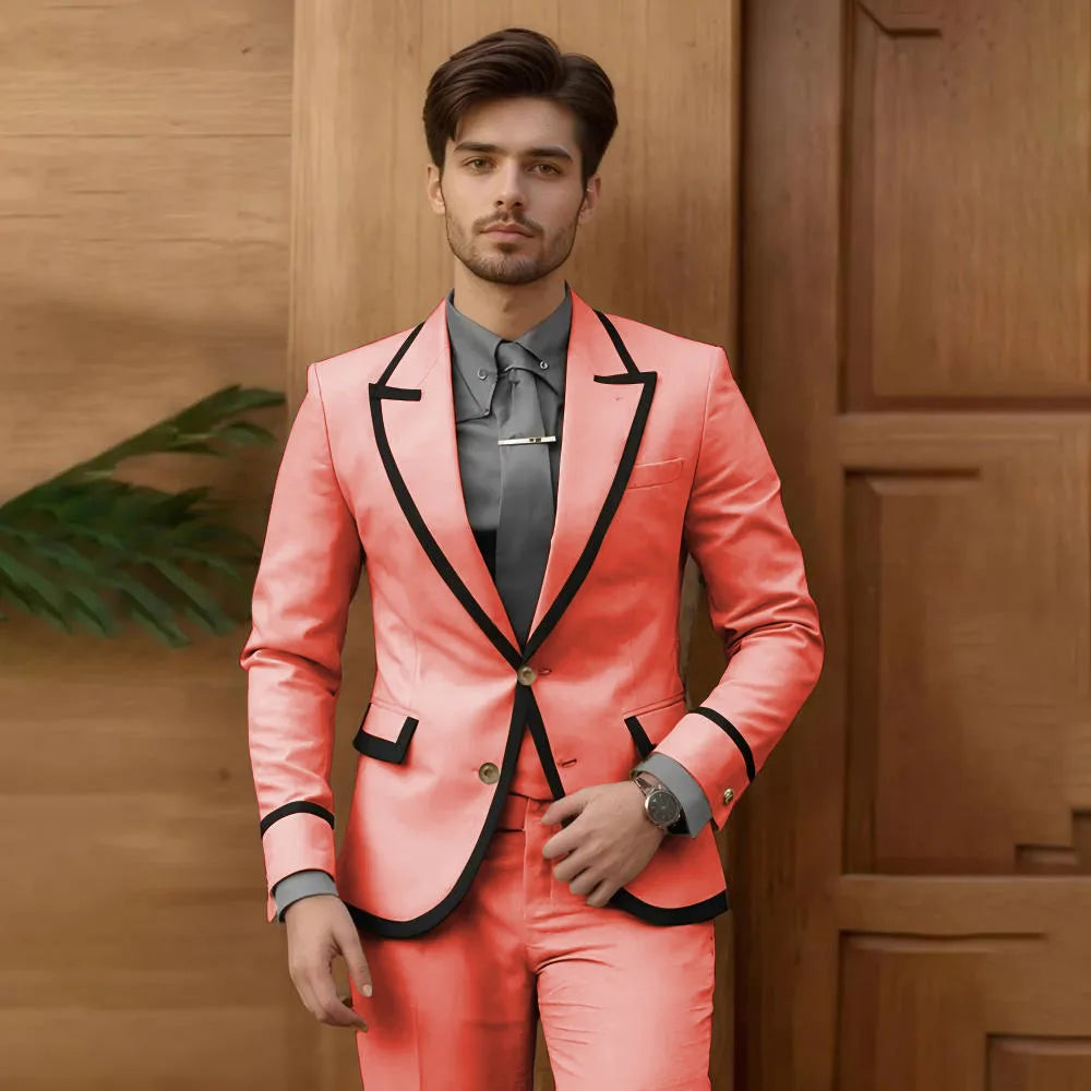 Beige male fashion suit 2-piece set with single-breasted blazer and slim-fit pants, suitable for groomsmen or prom.