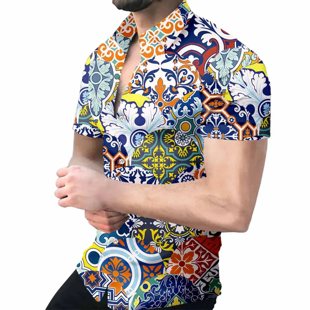 Men's Hawaiian Baroque 3D print short sleeve shirt by SHOWLU FASHION, featuring vibrant tropical design and comfortable fit.