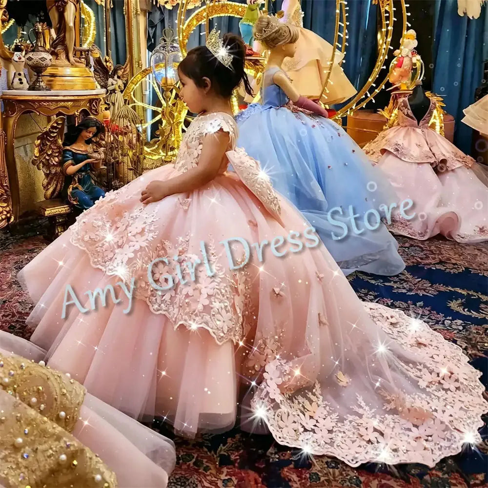 Customized Champagne Flower Girl Dresses For Wedding Appliques With Bow Elegant Princess Birthday Party First Communion Gown