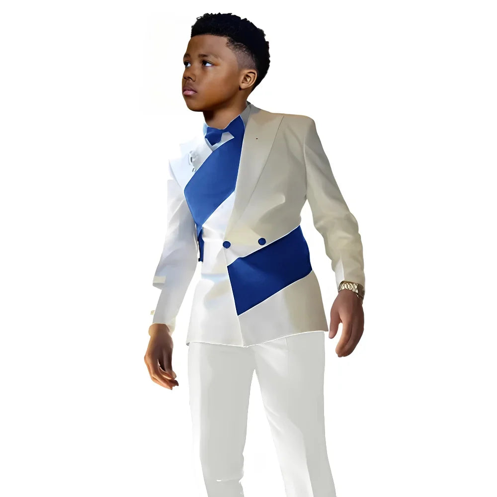 Satin boys' wedding tuxedo set with white double-breasted jacket and pants, slim fit suit for ages 2-16, by Showlu Fashion Store.