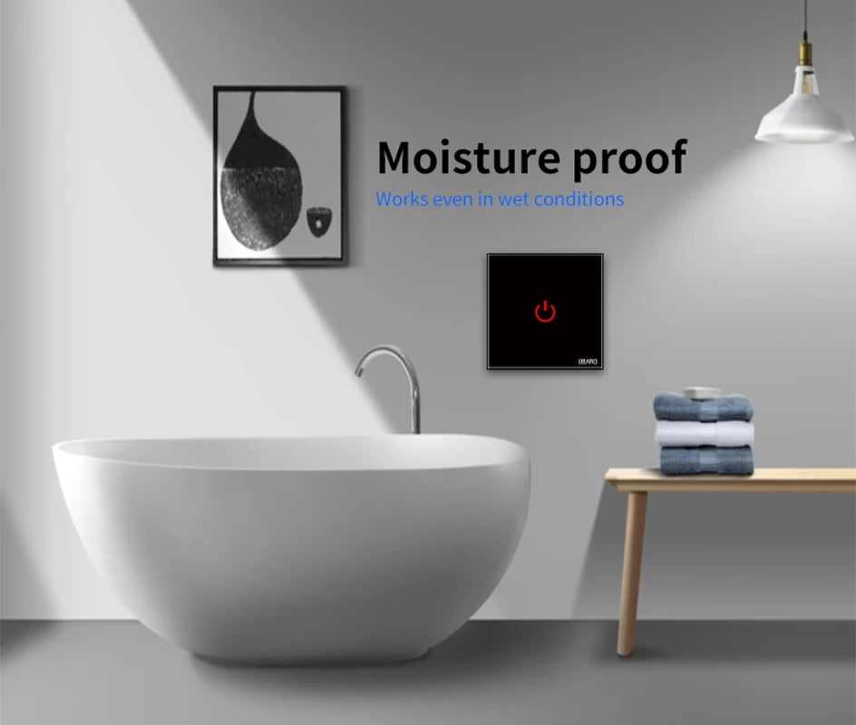 Showlu Smart Touch Wall Light Switch with glass panel, available in 1, 2, or 3 gang options, mounted on a wall.