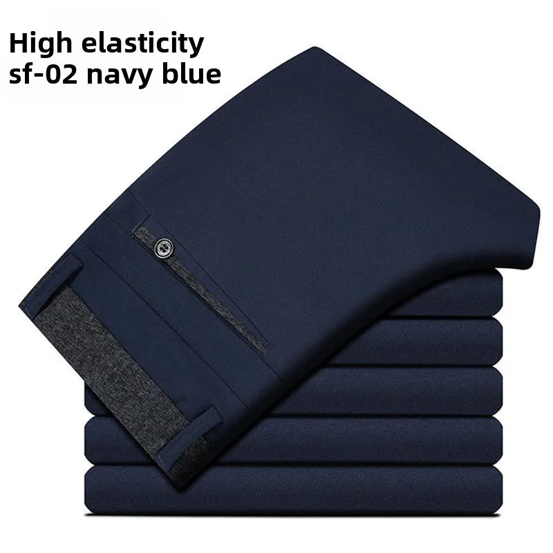 Men's stretch travel dress pants by Showlu Fashion, slim fit, lightweight, no iron business trousers for office and travel comfort.