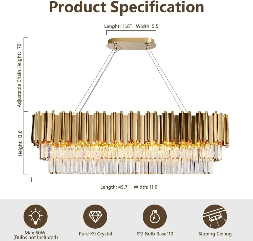 Elegant gold crystal chandelier with oval pendant lights, ideal for dining rooms and kitchen islands, by Showlu Fashion.