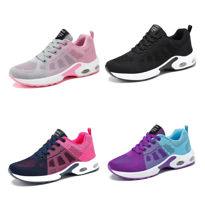 Women casual mesh fabric sneakers with air-cushion soles, elastic laces, lightweight breathable design, soft sole, antislip for jogging.