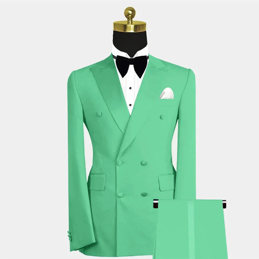 SHOWLU Men's blue double-breasted slim fit 2-piece suit for wedding and prom, featuring classic lapels and tailored fit.