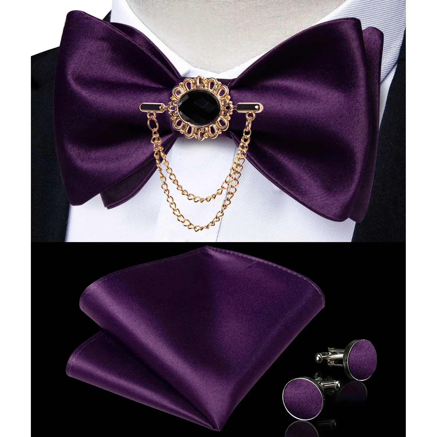 Pink plaid silk self-tie bow tie set with brooch and handkerchief, showcasing elegant accessories for formal wear.
