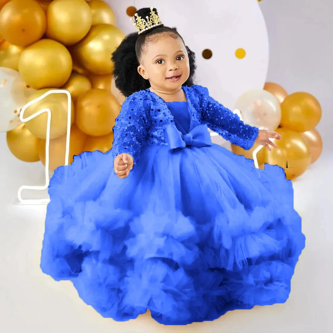 Baby girl flower girl dress by Showlu Fashion with sequins, full sleeves, floor length, perfect for weddings, photoshoots, or communion.