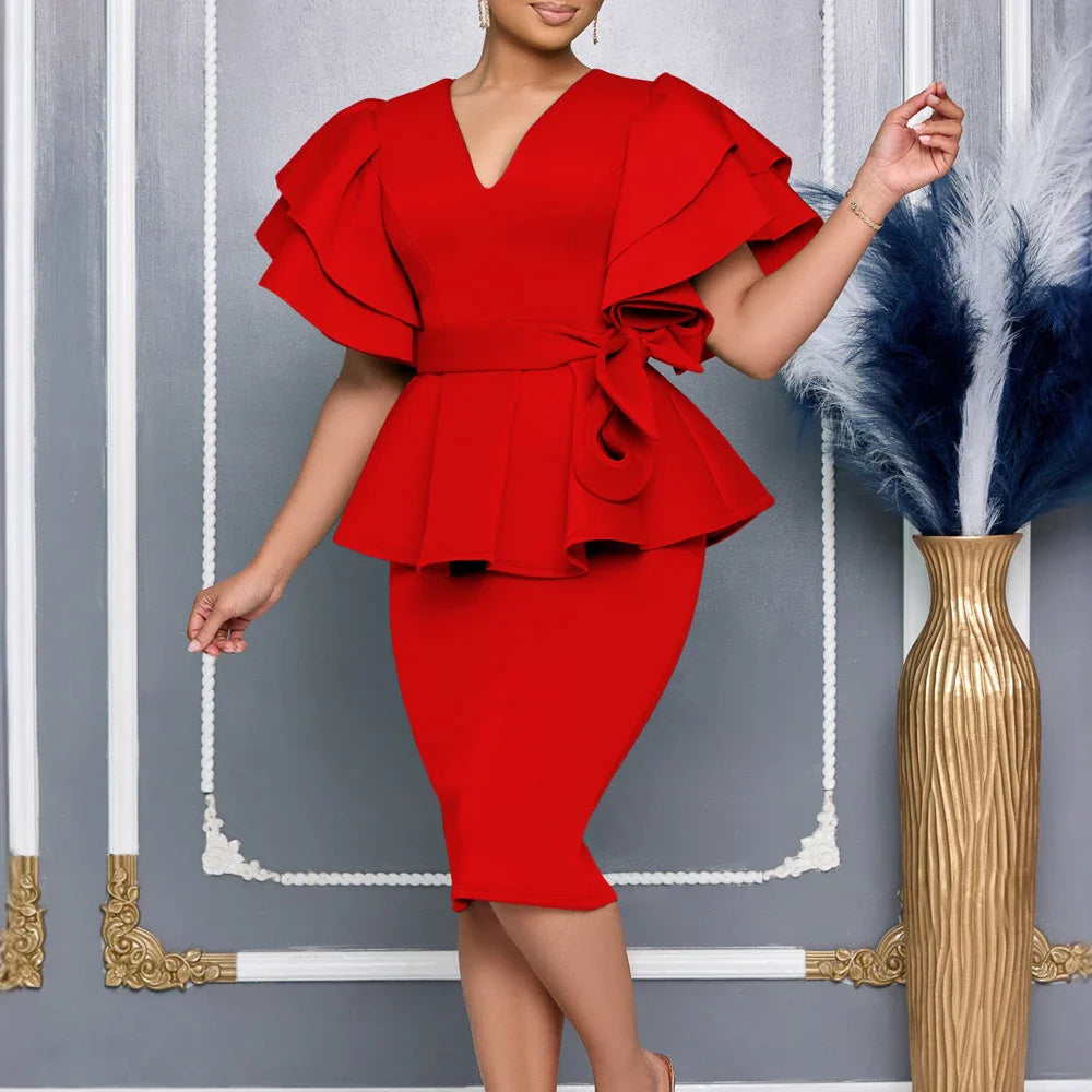 Showlu Fashion Women's V-neck ruffle sleeve peplum midi dress with bodycon fit, featuring elegant ruffle details and a flattering silhouette.