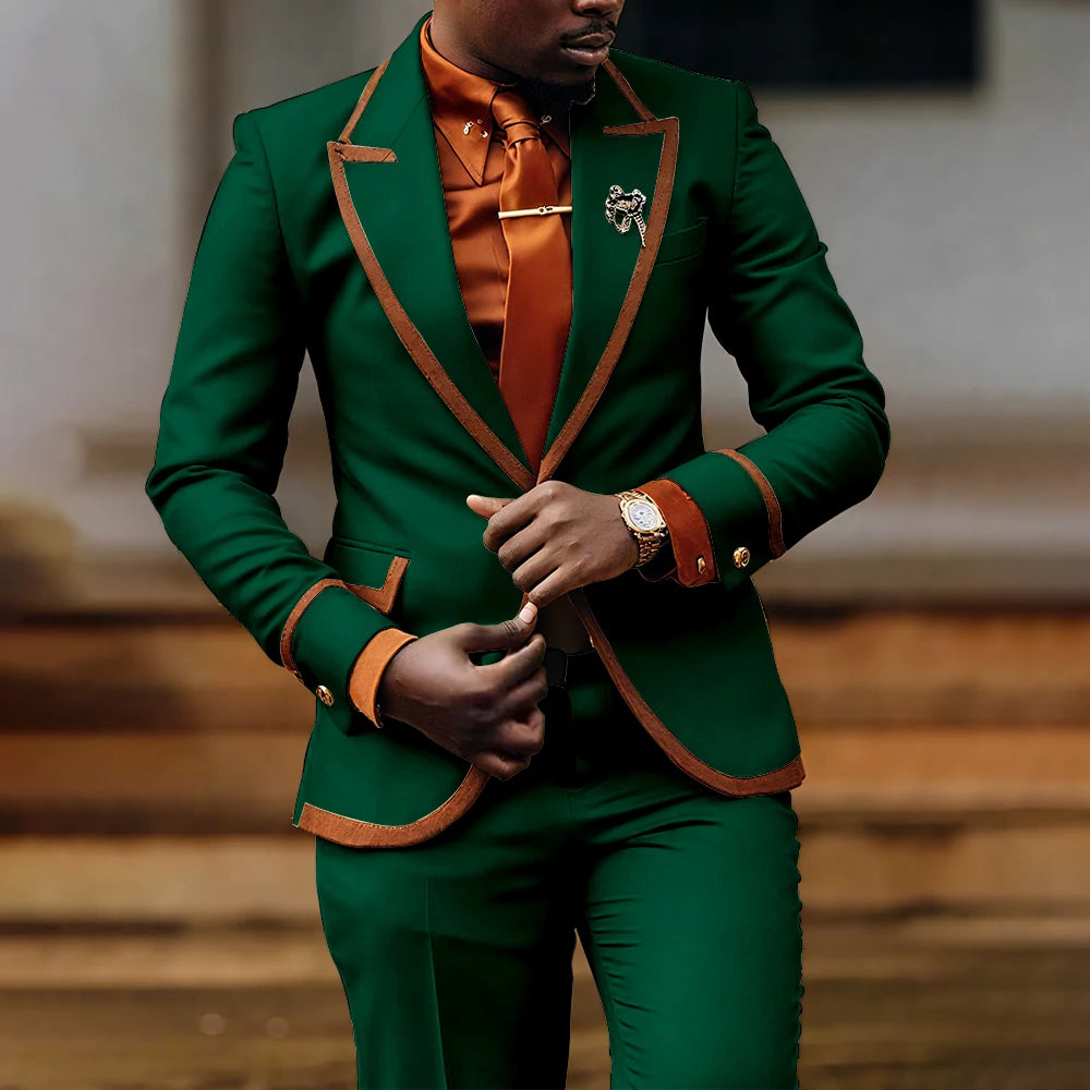 Men's slim fit formal suit by Showlu Fashion with jacket and pants, suitable for evening parties and business events.