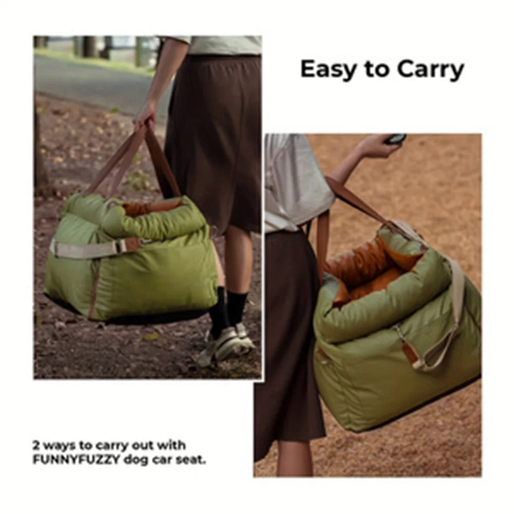 Showlu Portable Car Pet Carrier with breathable dog bed, designed for backseat travel, featuring mesh sides for ventilation.