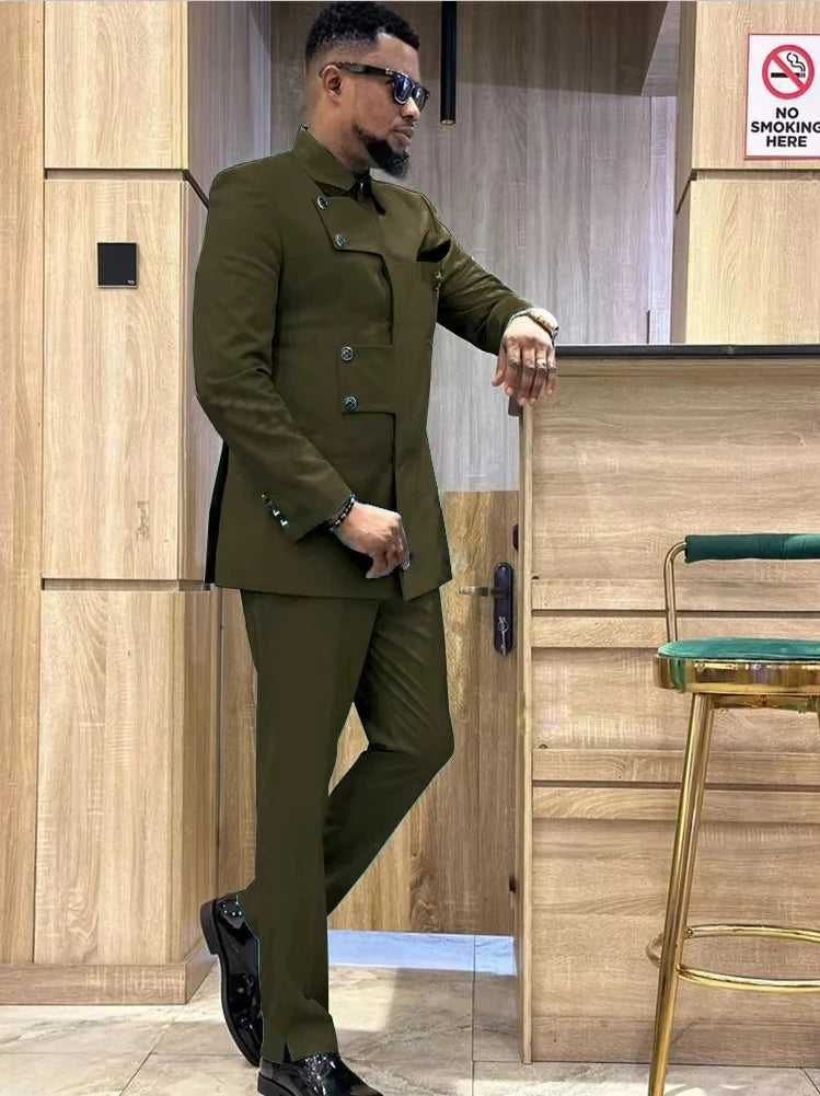 Showlu Men's slim fit Italian style 2-piece suit with single-breasted serge fabric, tailored for a modern, sleek look.