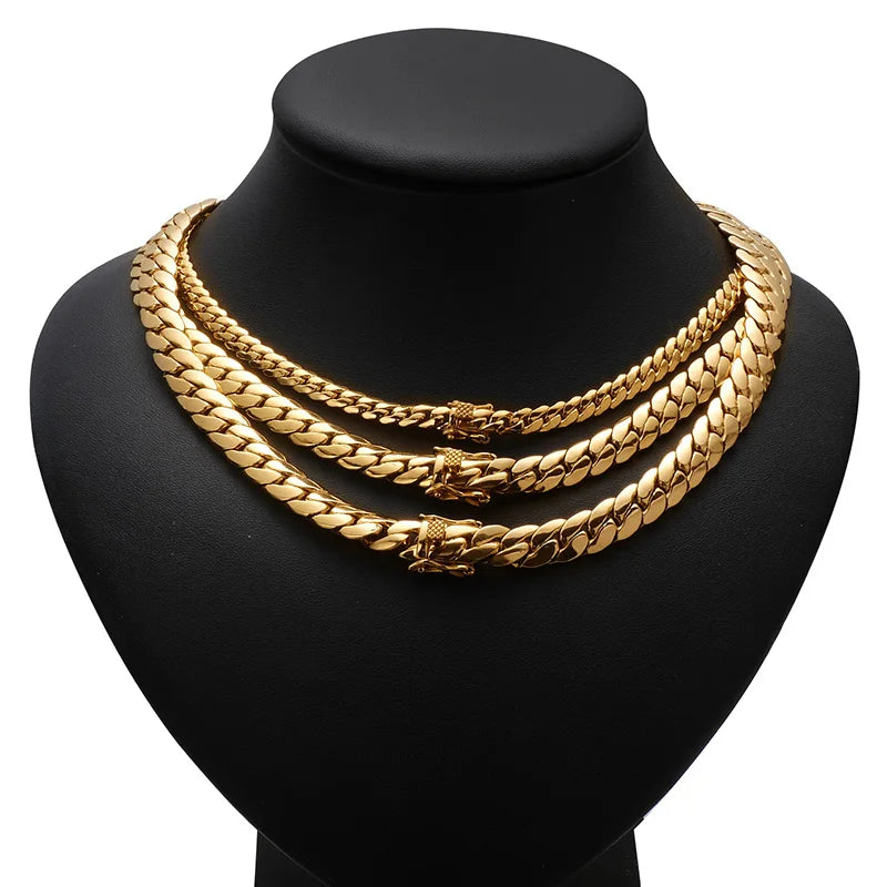 Gold Cuban link chain necklace for men, rapper jewelry style, showing a shiny, chunky tank chain with a secure clasp.