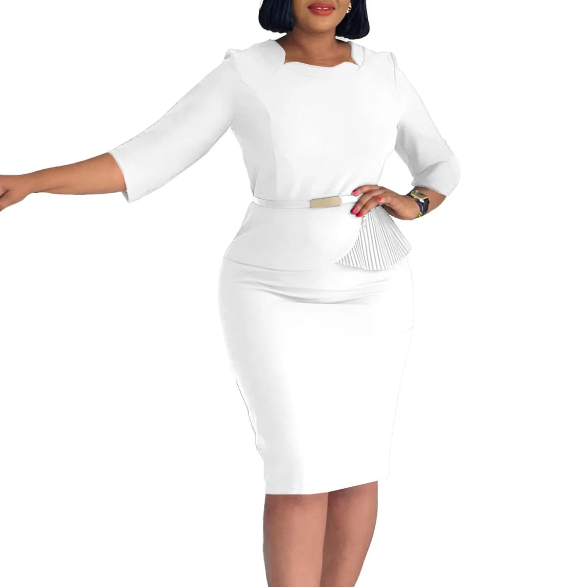 L-3XL Plus Size Elegant Midi Dress 2025 Spring Summer Women Office Lady Dress Casual 3/4 Sleeve Bandage Robe Oversize Dress SHOWLU FASHION STORE