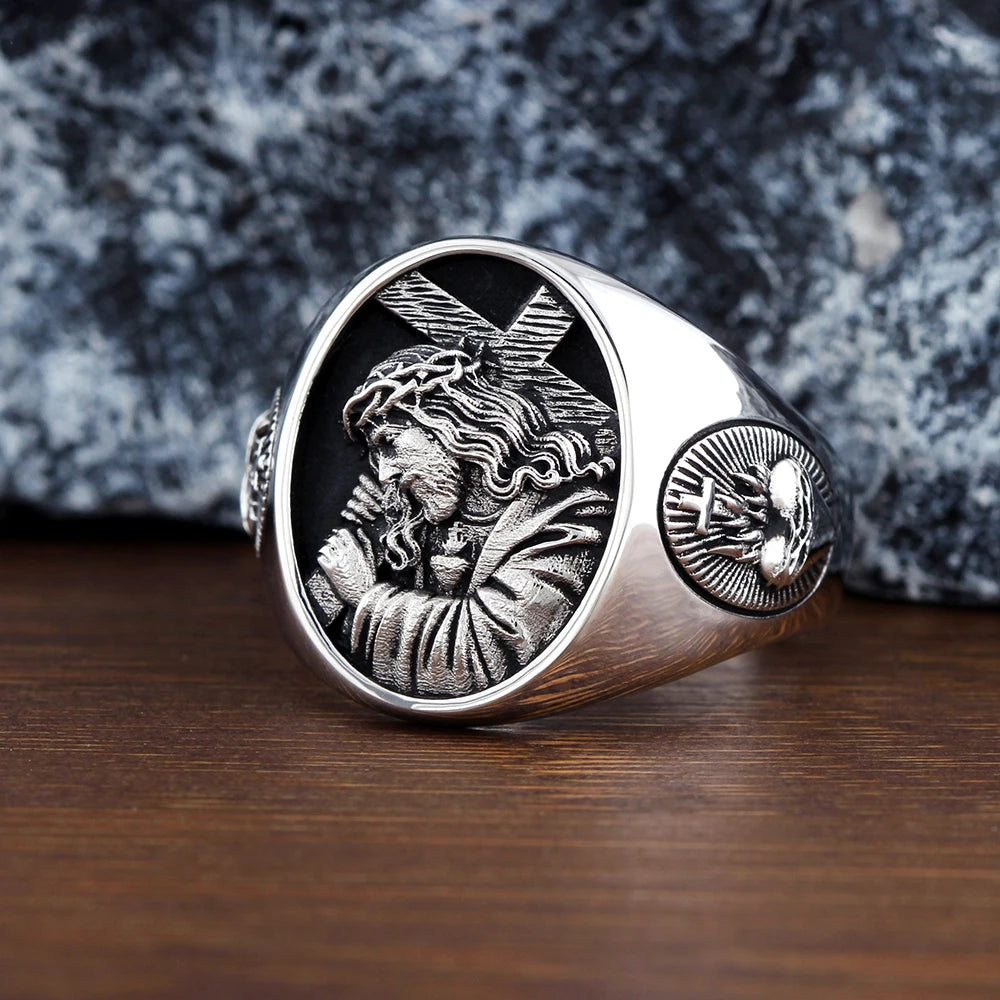 Sterling silver Jesus cross ring by TEECOI featuring religious Christian design, detailed craftsmanship, and a polished finish.