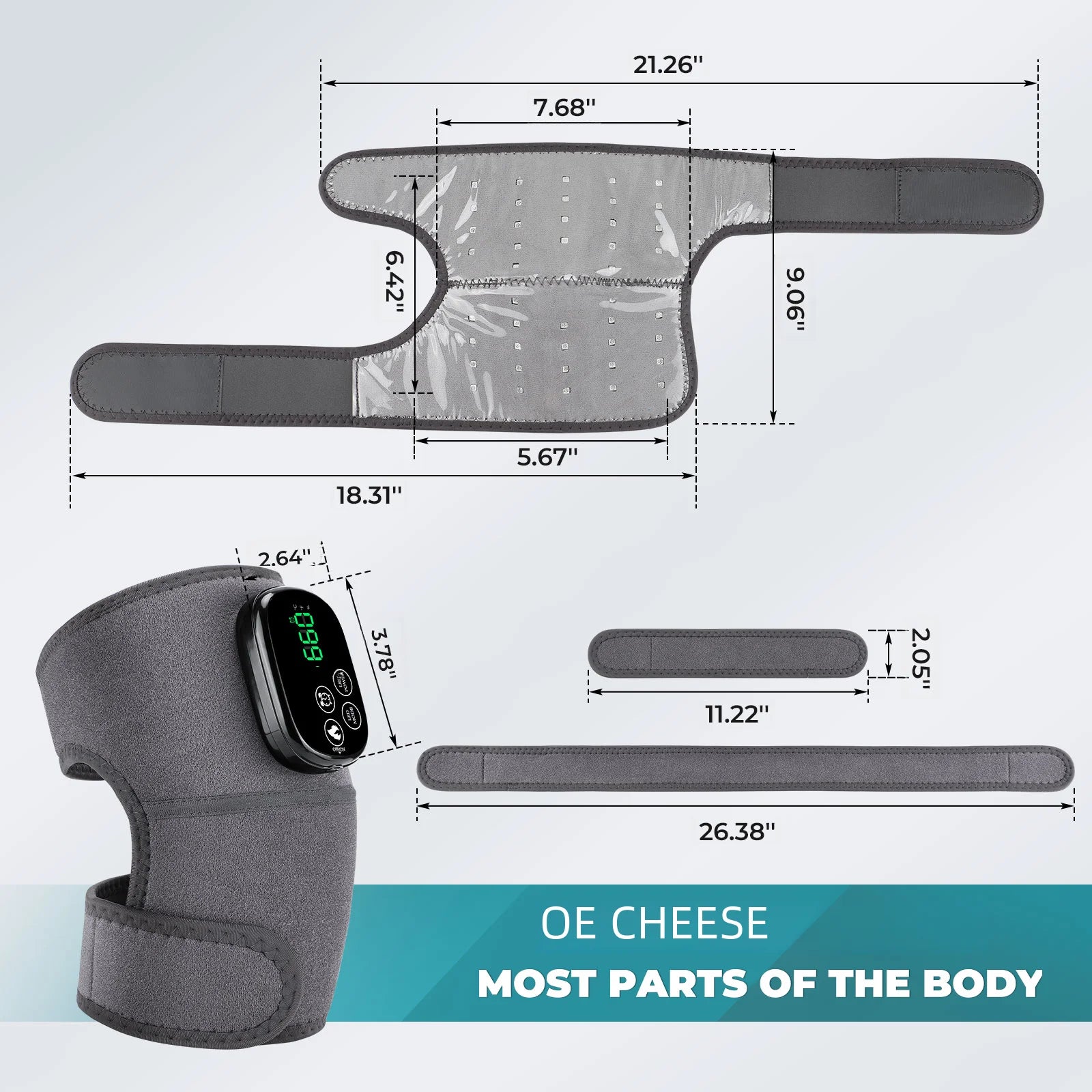 Red light knee massager with heating support for shoulders, elbows, and muscles, featuring rechargeable pad and adjustable brace.
