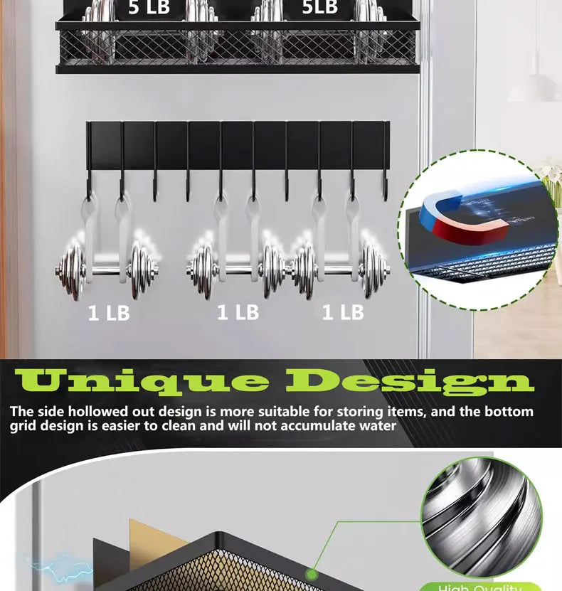Magnetic fridge organizer shelf by Showlu Smart General with multiple compartments for storage and organization on a refrigerator door.