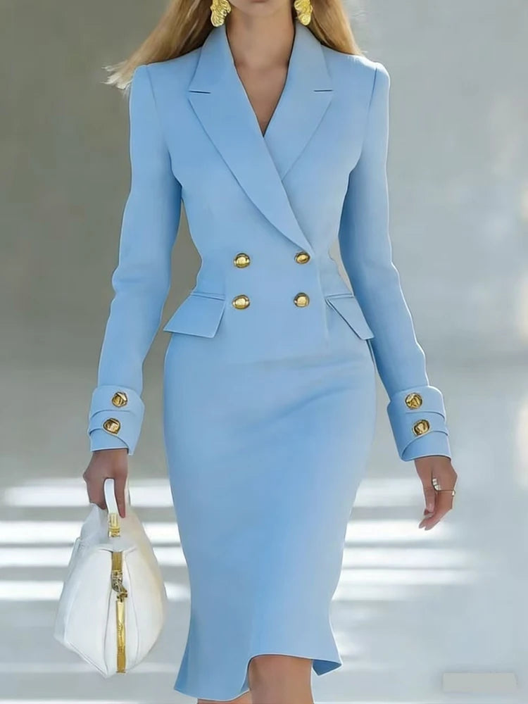 Showlu Fashion Fanbety women's V-neck double-breasted blazer dress with long sleeves, solid color, stylish and tailored fit.