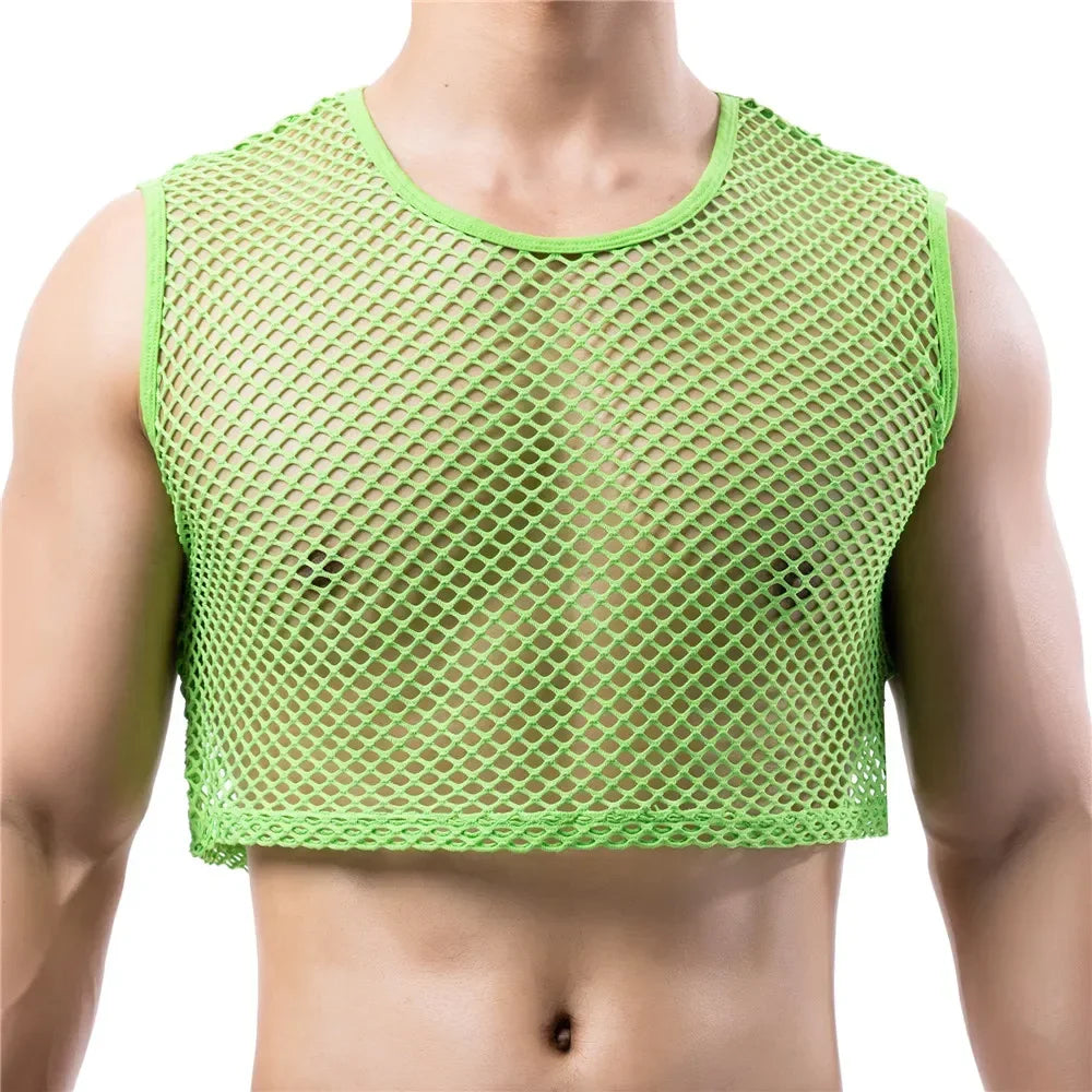Men's transparent fishnet crop top by Showlu Fashion, featuring mesh hollow-out design, sleeveless tank for gym, fitness, or nightlife.