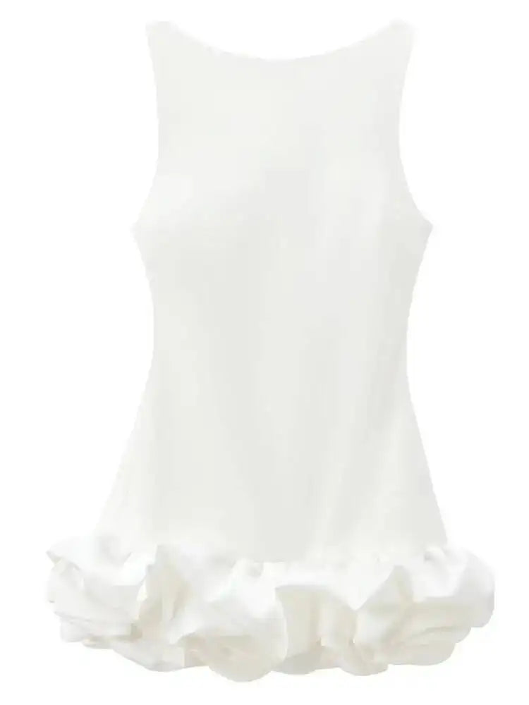White short sleeveless bodycon dress with ruffle backless design, perfect for summer parties, by Showlu Fashion.
