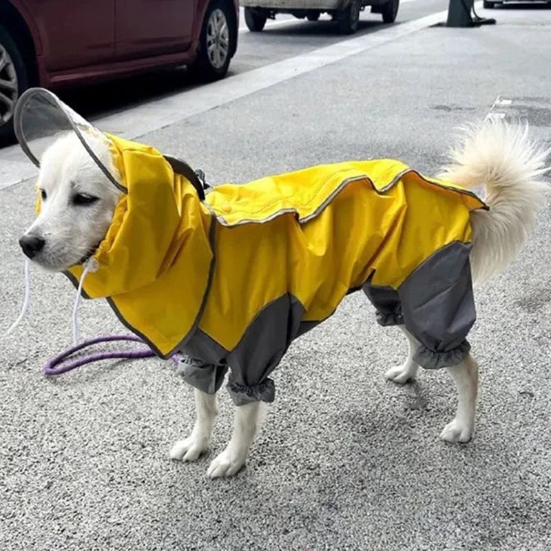 Showlu waterproof dog raincoat hoodie with PU leather poncho for large dogs, stylish and protective rainwear for pets.