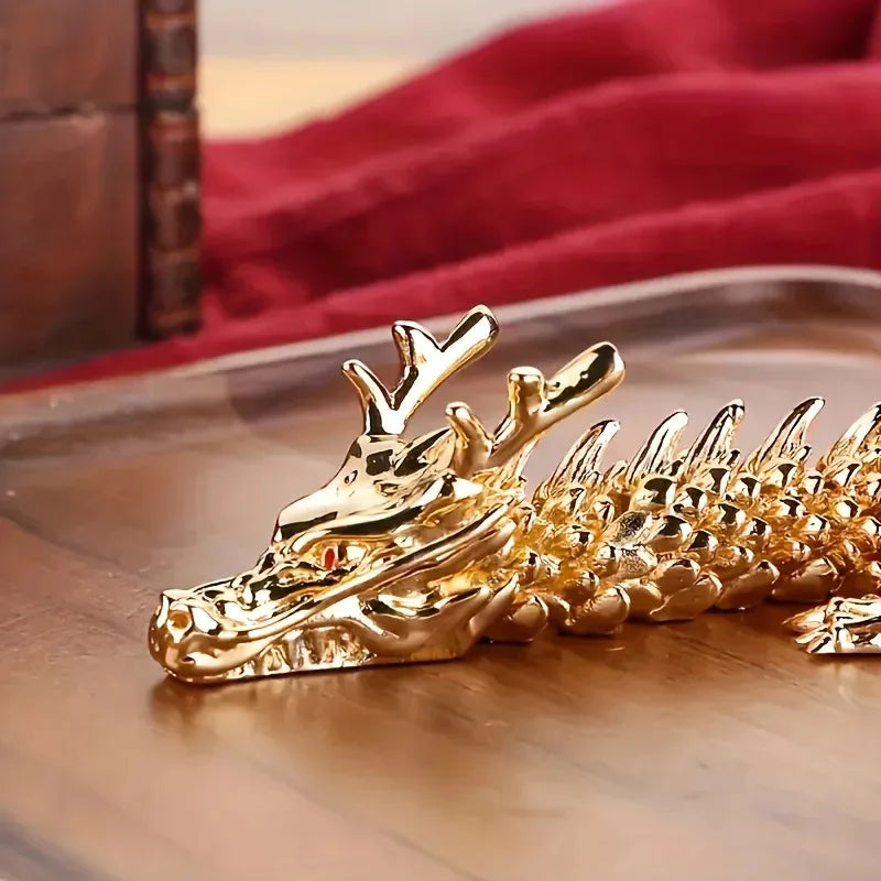 Golden alloy 3D dragon statue by Showlu Fashion, a stylish movable desktop decor piece with intricate dragon design.