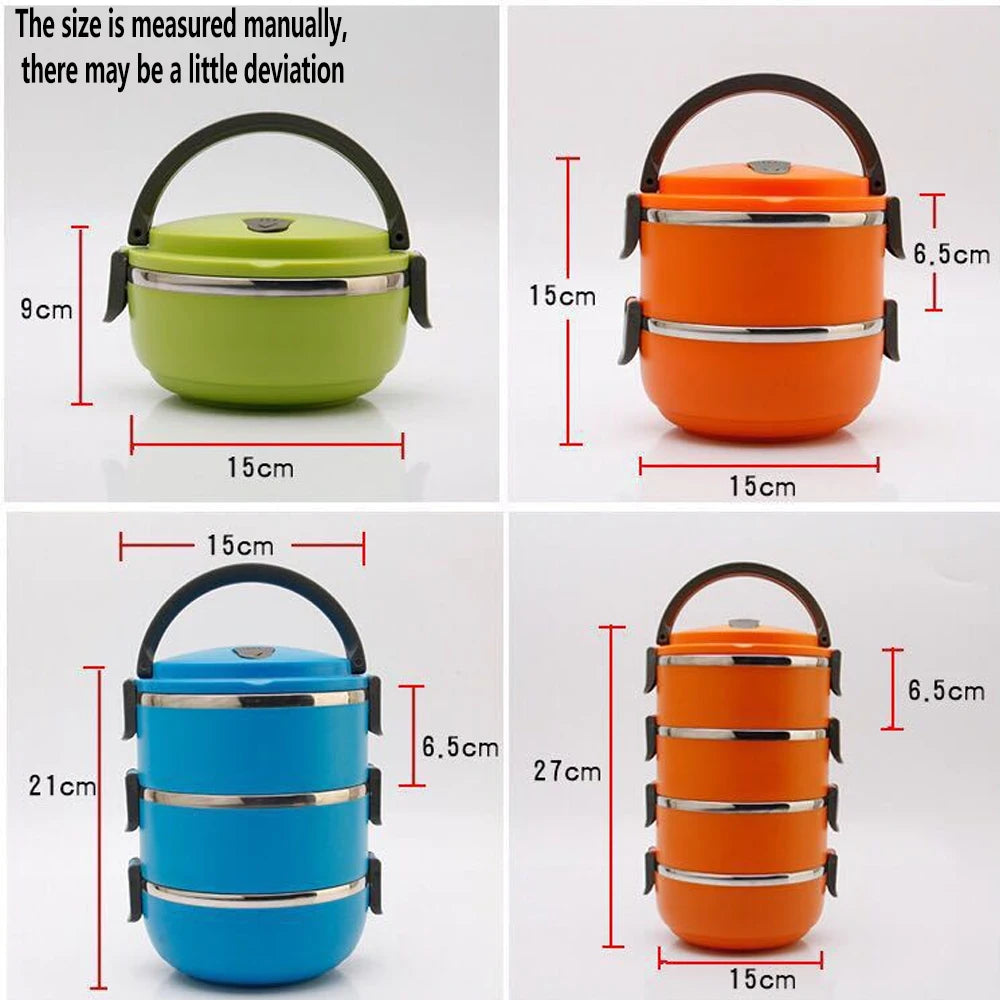 Stainless steel 3-layer stackable lunch box with airtight lids, handle, and leakproof design for portable food storage.