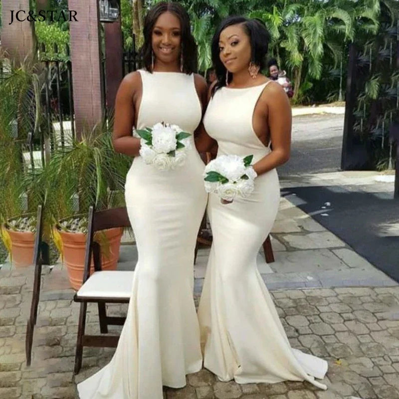 Turquoise satin mermaid bridesmaid dress with sexy backless design by JC&STAR, featuring a fitted silhouette and elegant style.