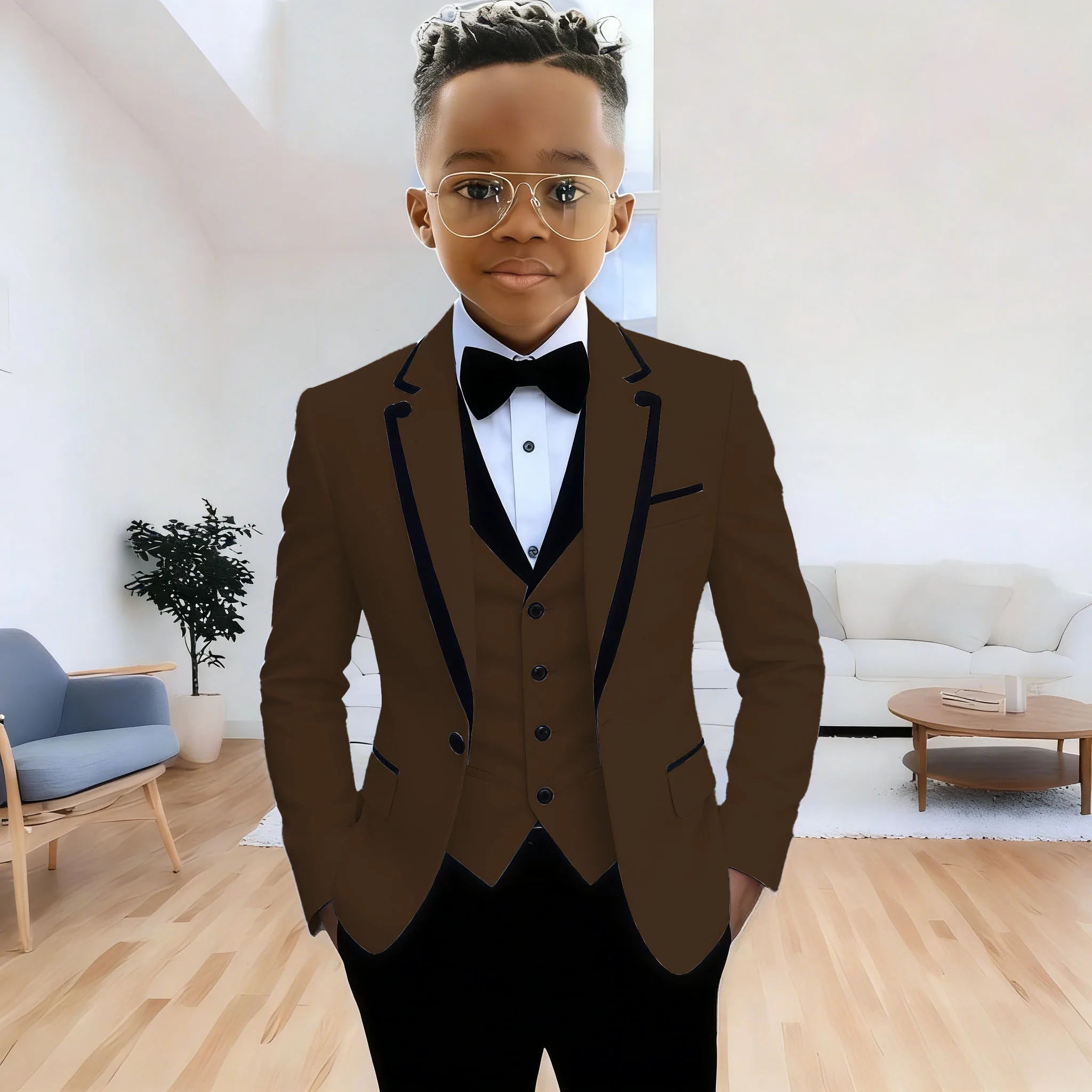Cute boys' formal suit set with jacket, pants, and vest featuring notched lapel, perfect for weddings and parties by Showlu Smart General.