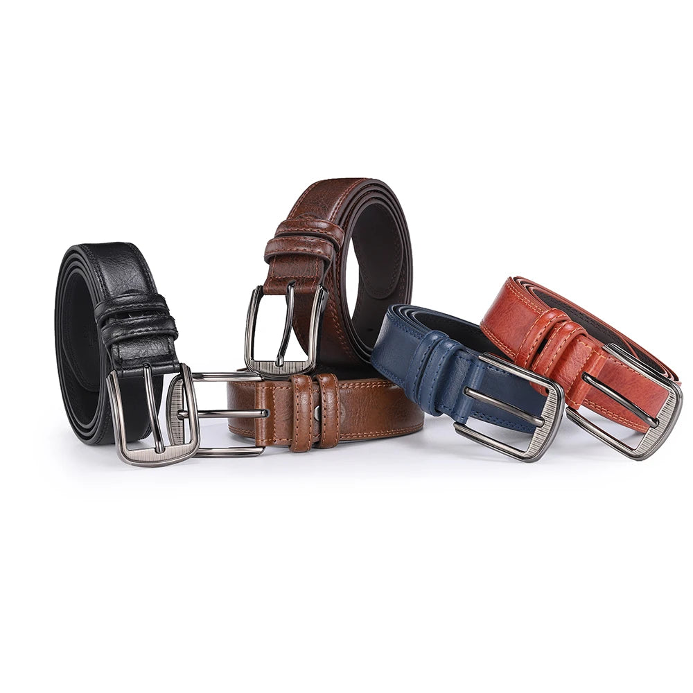 Showlu men's split leather belt with casual cowhide design and pin buckle, showcasing its textured leather strap and buckle detail.