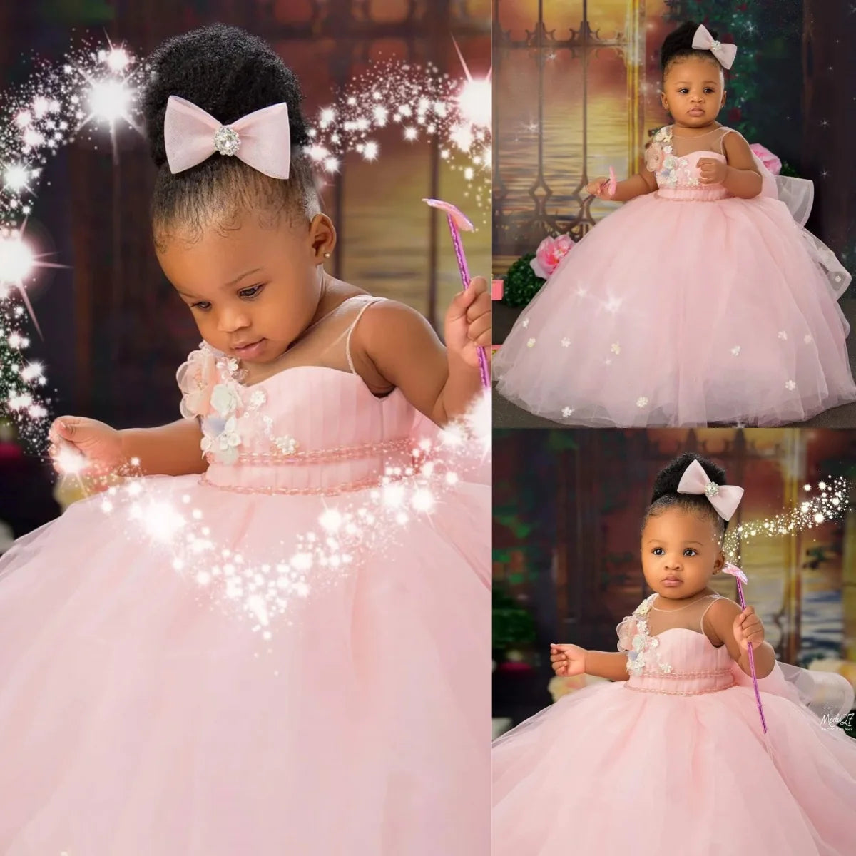 Pink Flower Girl Dresses for Wedding 3D Floral Sleeveless Girl Birthday Party  Princess Formal First Communion Gown Customized