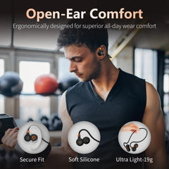 A man wears black Ortizan open-ear wireless sports headphones while lifting a dumbbell.