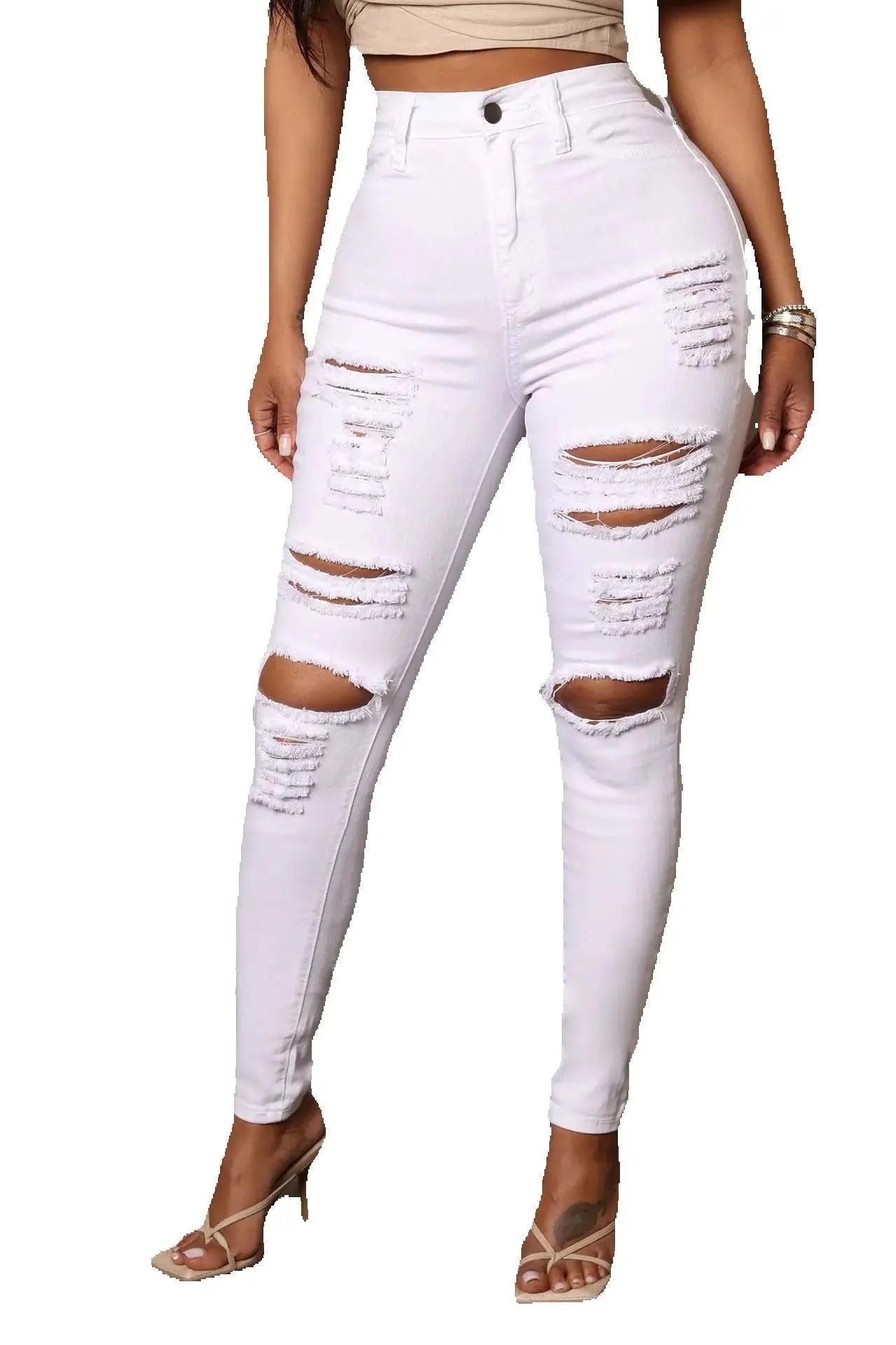 Black and white ripped skinny denim jeans for women, Showlu Fashion, casual streetwear, stretch pencil pants in XS to XL size.