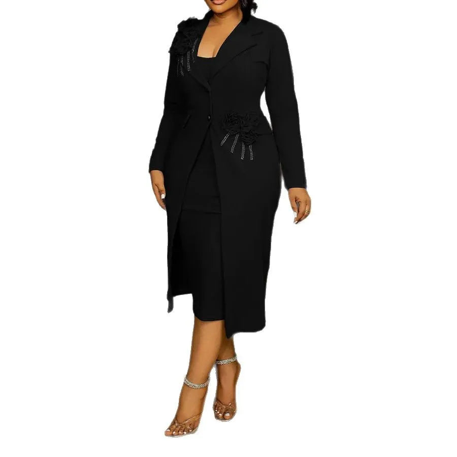 SHOWLU FASHION floral two-piece suit with jacket and mid-calf dress featuring diamond accents, elegant and stylish for formal occasions.