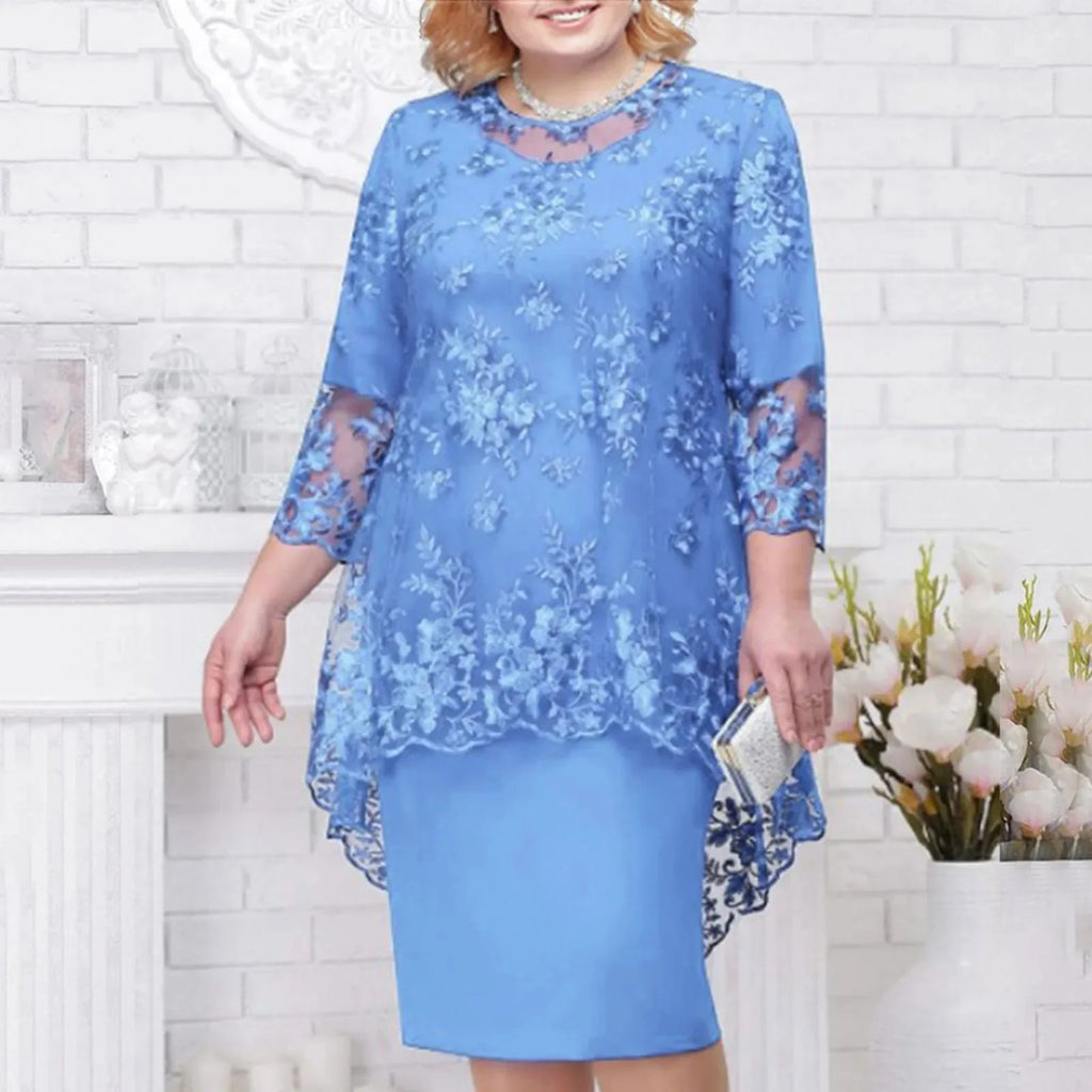 Elegant knee-length women's lace embroidery evening dress featuring an A-line silhouette, perfect for formal occasions.
