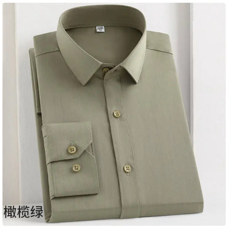 White bamboo fiber men's long sleeve dress shirt, stretch-free, soft, professional formal shirt in 8XL size.