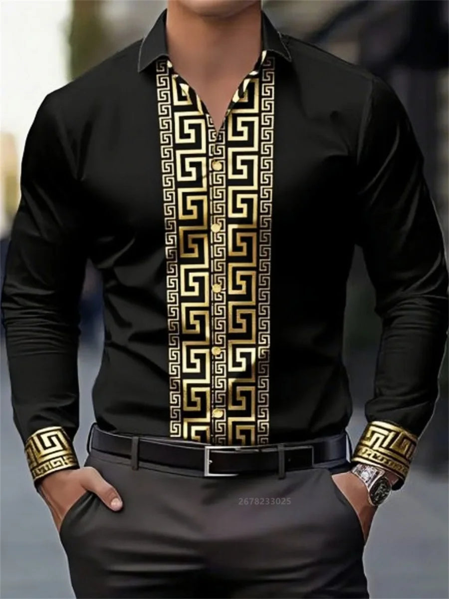 Men's patterned long-sleeved shirt with lapel buttons, stylish casual top from Showlu Fashion Store, comfortable and versatile men's fashion