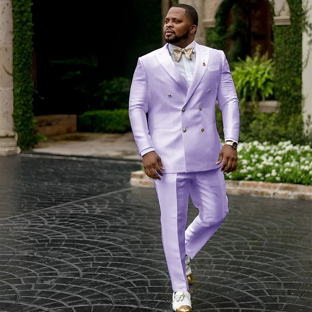 Showlu men's white satin tuxedo with double-breasted design, 2-piece wedding suit, formal attire for special occasions