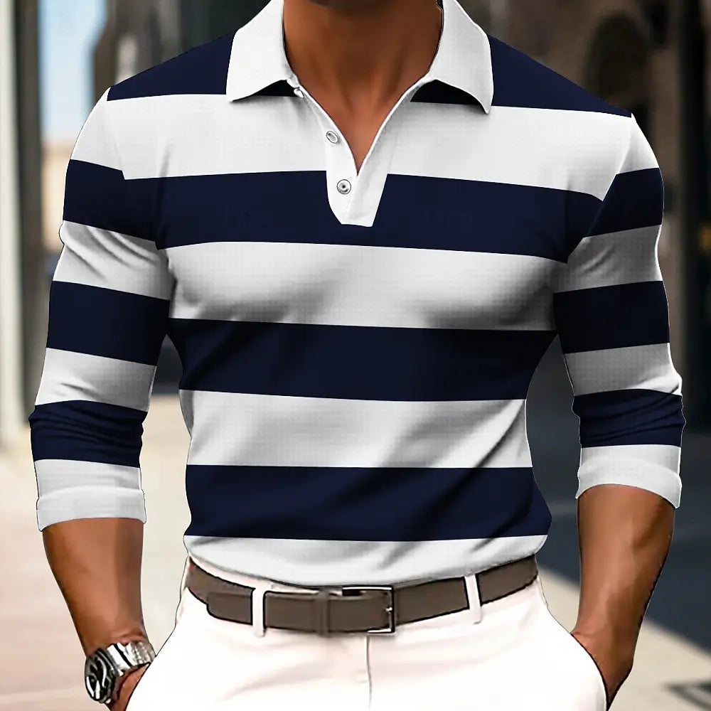 Men's striped rugby long sleeve polo shirt with button collar, casual outdoor and office wear, in spring, autumn, winter.