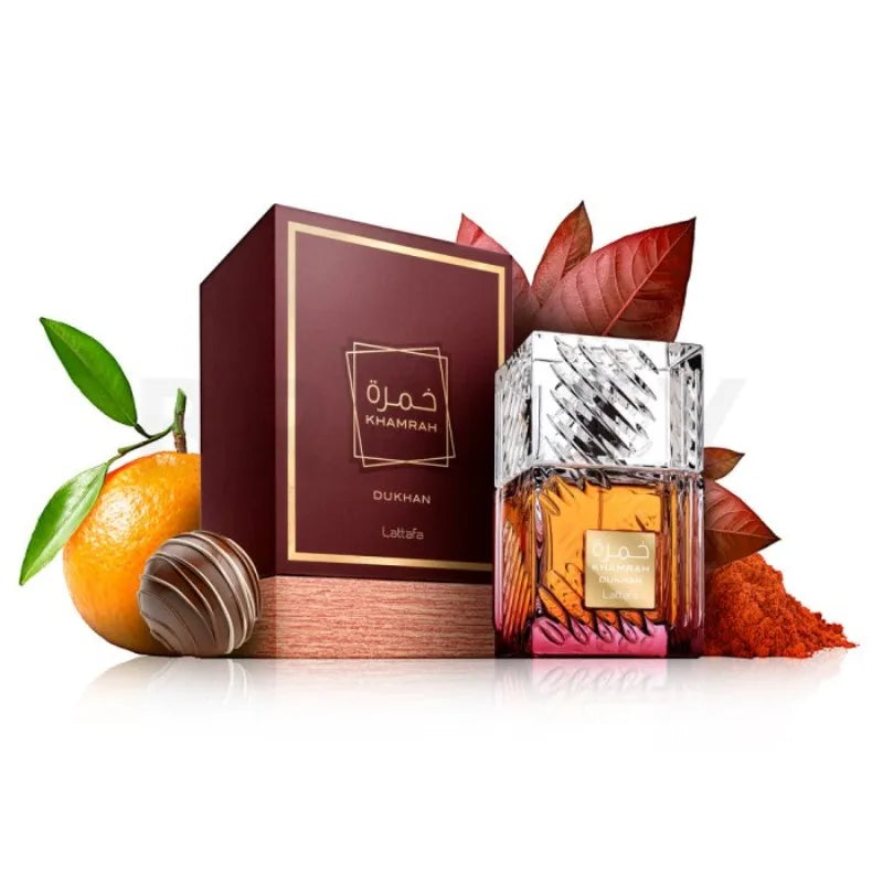 Long-lasting unisex Lattafa Khamrah Dukhan Eau de Parfum 100ml bottle with elegant packaging.