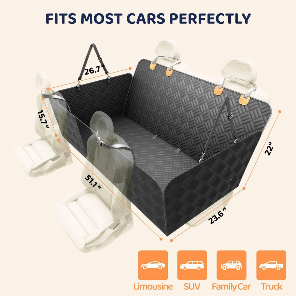 Waterproof nylon pet car seat cushion by Showlu Fashion Store, designed for rear seats, comfortable dog bed for travel.
