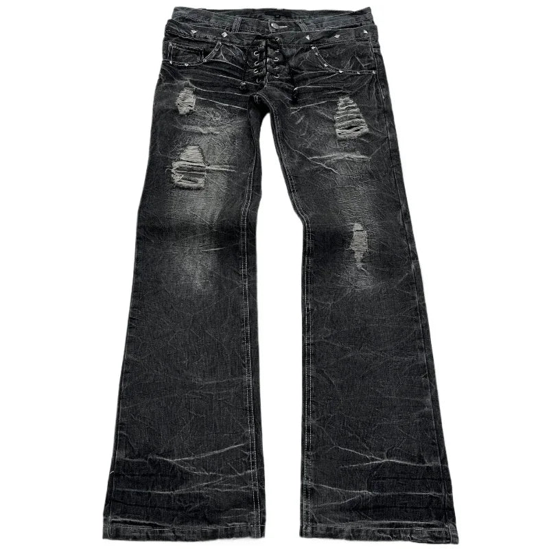Retro double-waisted lace-up micro flared jeans for women and men, streetwear Y2K washed design, high-quality Showlu Fashion.