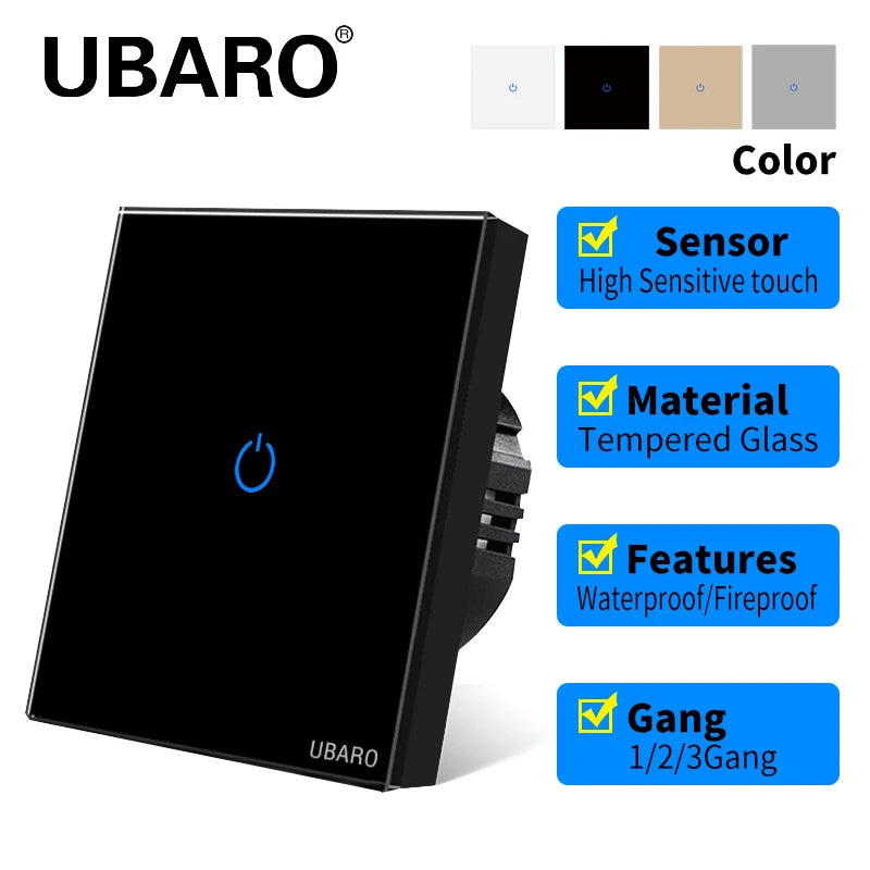 Showlu Smart Touch Wall Light Switch with glass panel, available in 1, 2, or 3 gang options, modern design for home lighting control.