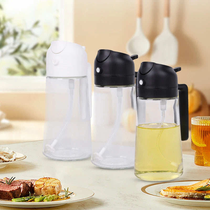 Plastic 2-in-1 spray oil bottle with 500ml capacity, perfect for kitchen, BBQ, baking, and roasting applications.