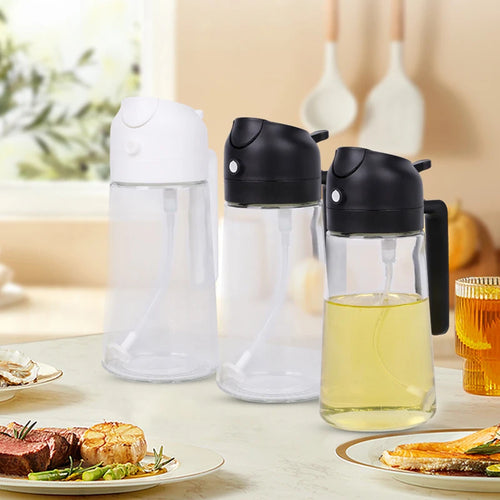 Plastic 2-in-1 spray oil bottle with 500ml capacity, perfect for kitchen, BBQ, baking, and roasting applications.