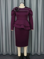 AOMEI Women 3D Flowers Long Sleeve Pencil Bodycon Dress Round Neck Empire Ruffles Slim Elegant Celebrate Evening Gowns Banquet