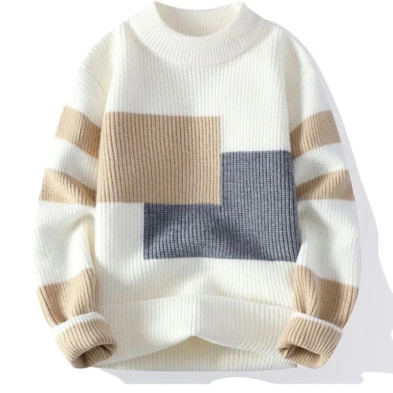 Men's autumn winter sweater with mock neck, patchwork design, contrast colors, long sleeves, knitted pullover by Showlu Fashion
