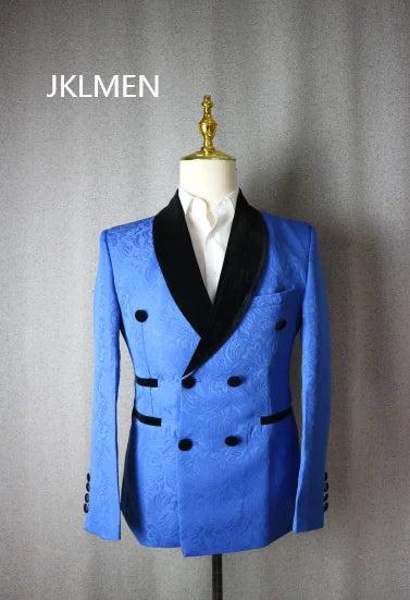 Blue men's wedding suit with black velvet collar tuxedo set by SHOWLU FASHION STORE, detailed fabric and tailored fit.